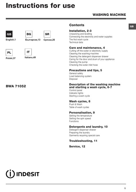 User manual Indesit BWA 71052 W EU (English 